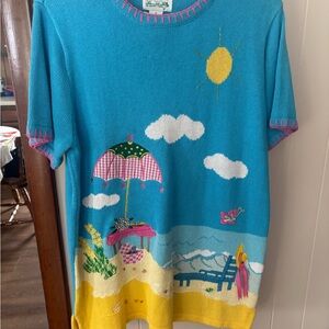 Quacker Factory Blue Beach Scene Sweater